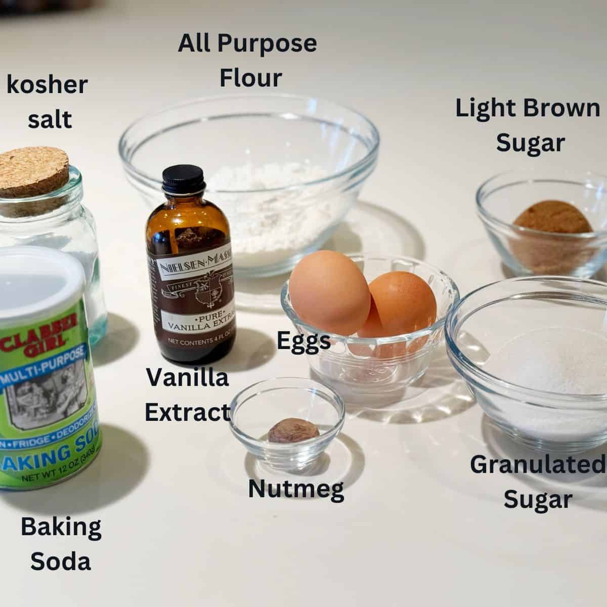Ingredients for the nutmeg sugar cookies on the counter.