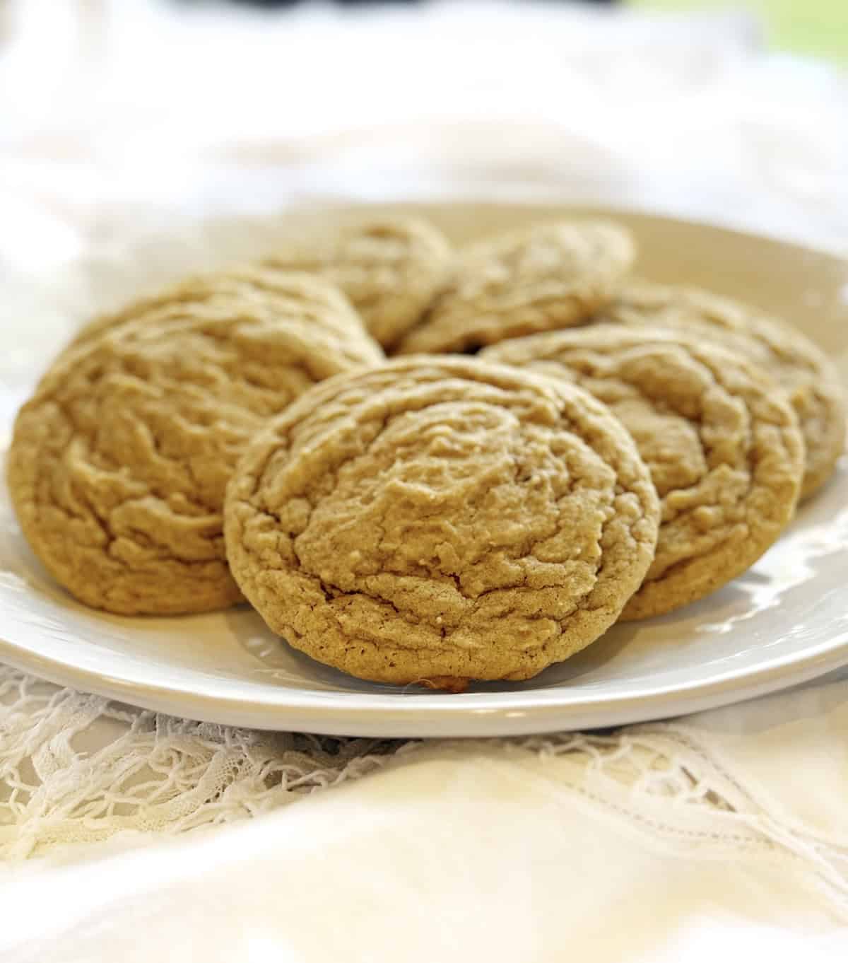 Closeup view of nutmeg sugar cookies on a plate.