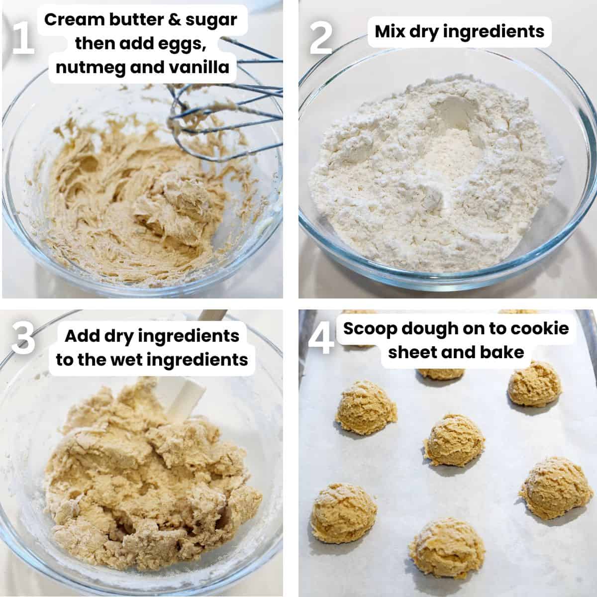 Preparing the nutmeg cookie steps from mixing wet and dry ingredients, to scooping the dough on to a cookie sheet.