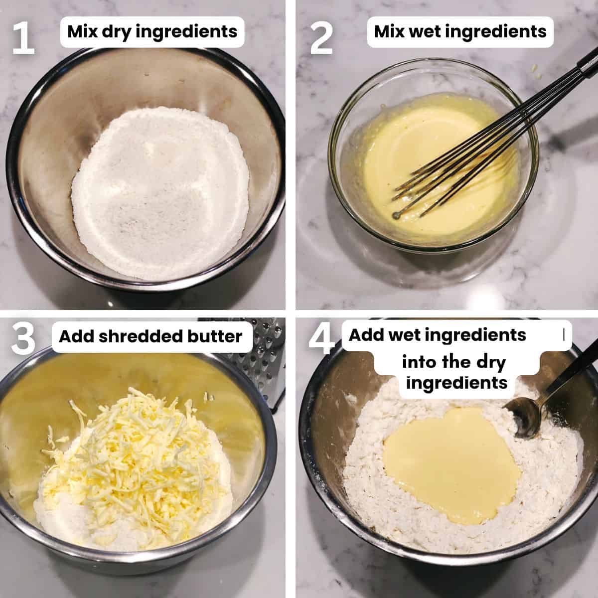 Preparing the dough for the blackberry scones including: shredding the butter, mixing wet ingredients, dry ingredients and then combining them all.