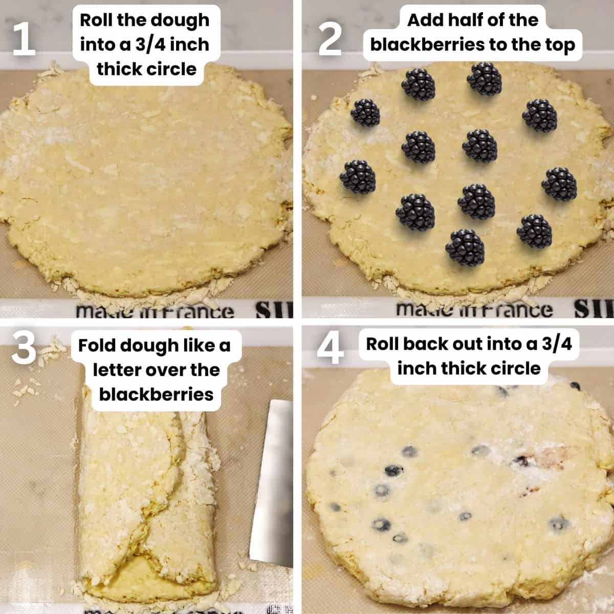 Preparing the blackberry scones including: rolling out the dough, adding blackberries and then re-rolling.