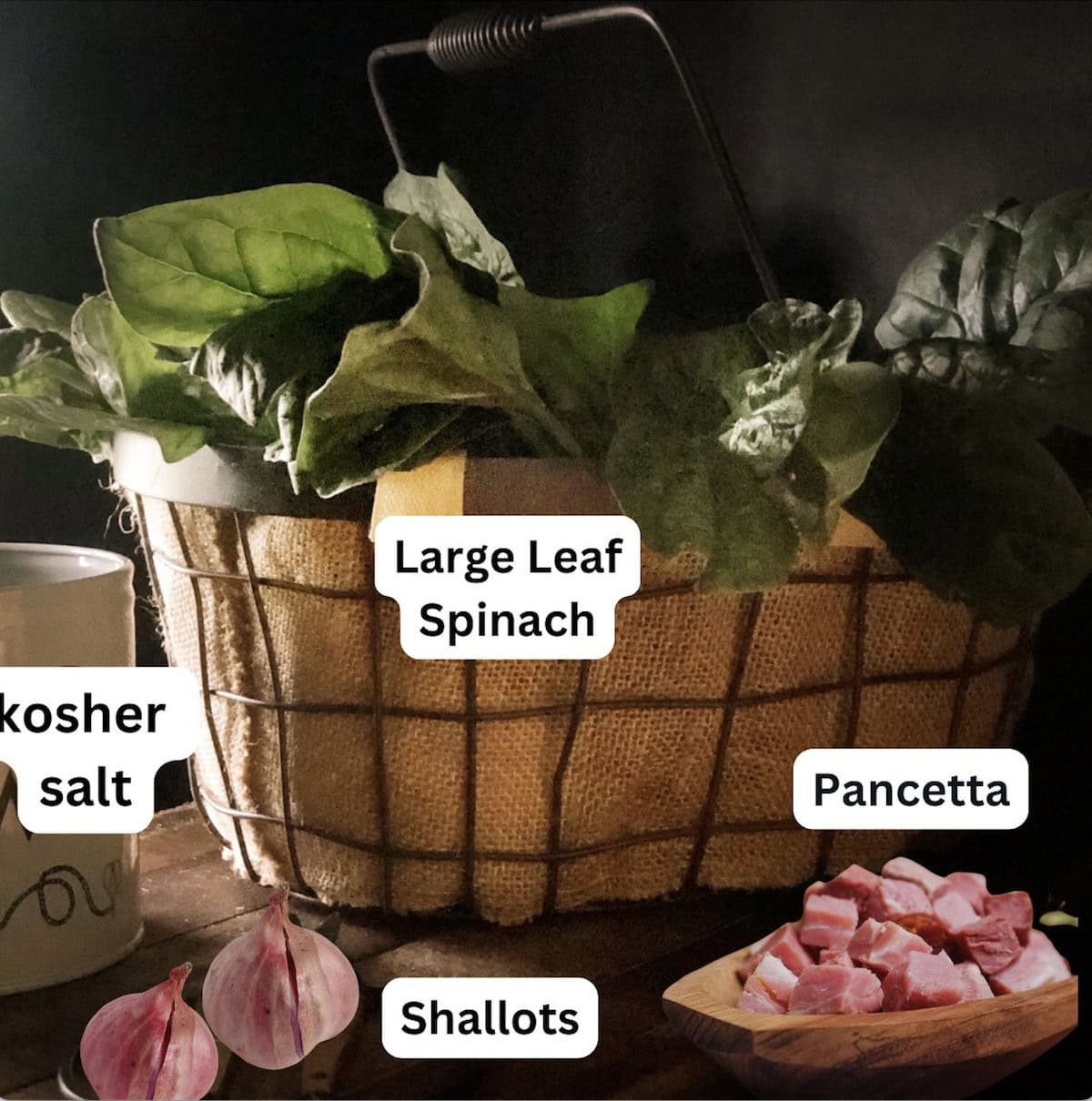 Ingredients for the spinach and pancetta on the counter.