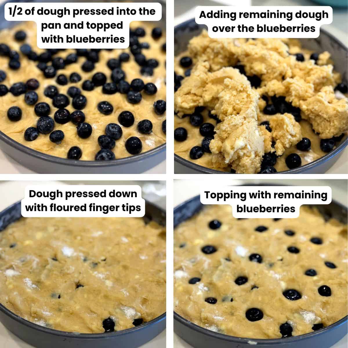 Showing how to press cake batter and blueberries into the cake pan in layers.