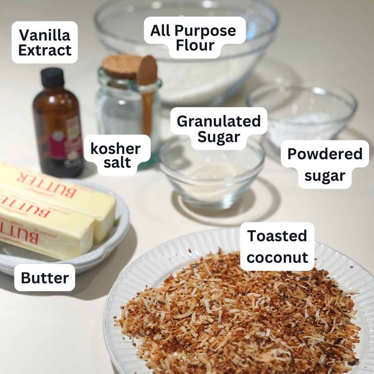 Toasted coconut shortbread ingredients on the counter.