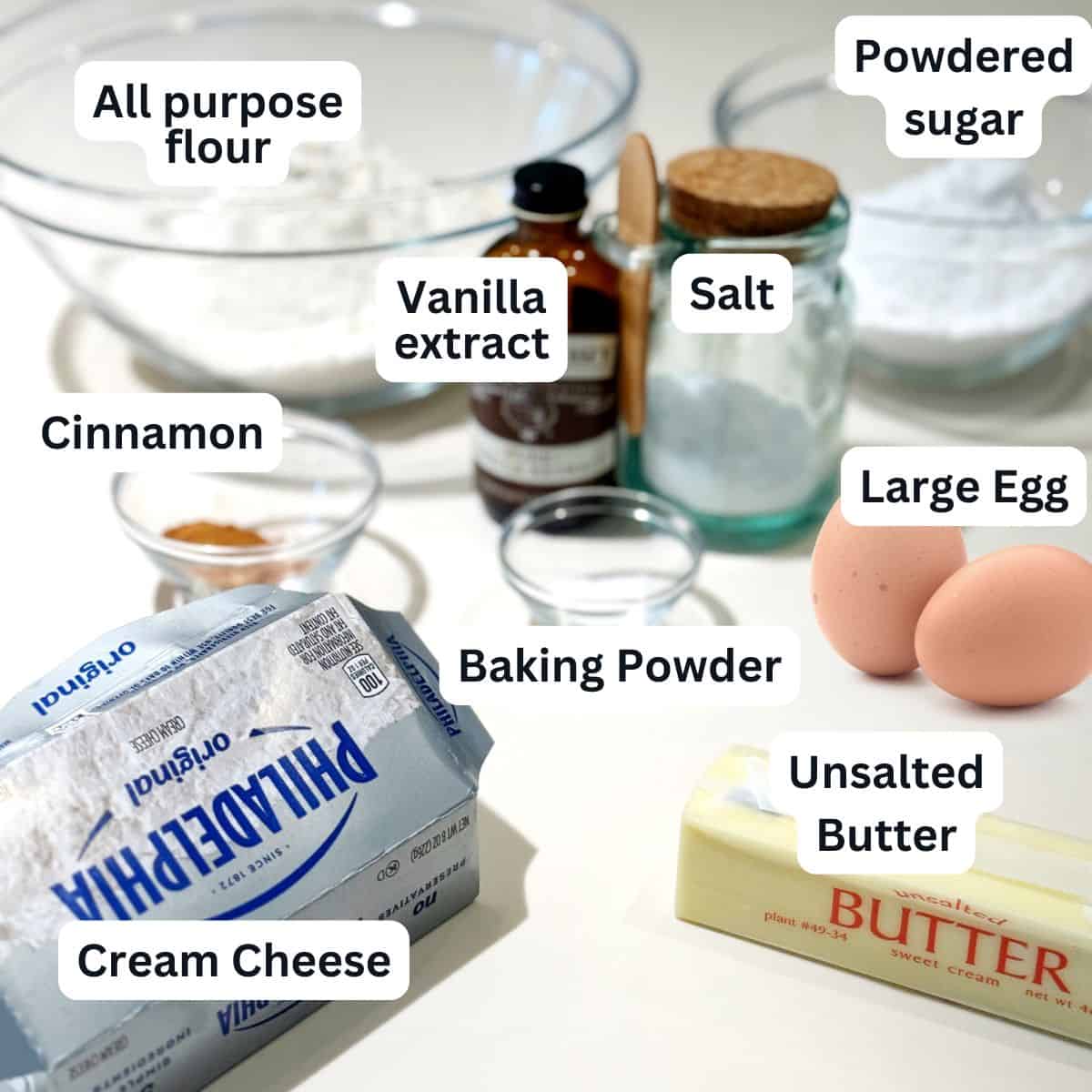 Ingredients for cream cheese snowball cookies.