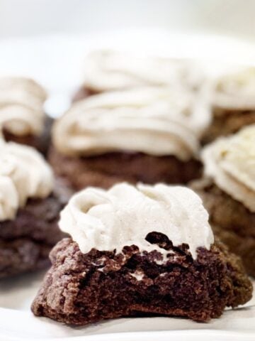 Chocolate cinnamon cookie with a bite taken out.