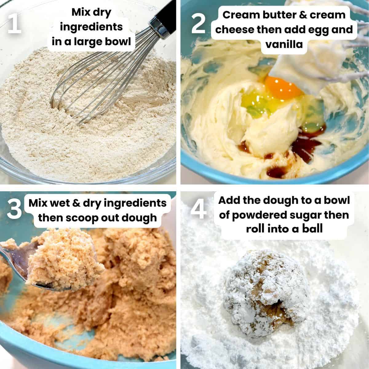 Preparing the cream cheese snowball cookies steps from making the dough to rolling them.