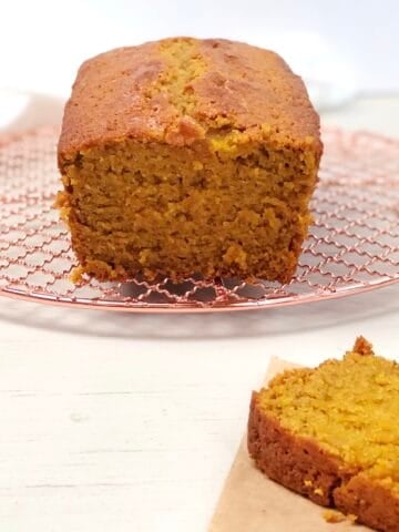 pumpkin bread sliced on the counter.