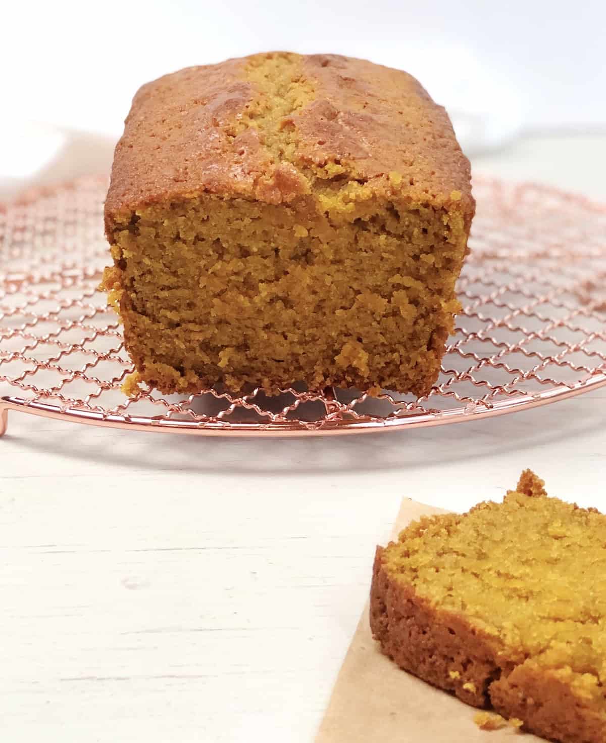pumpkin bread sliced on the counter.