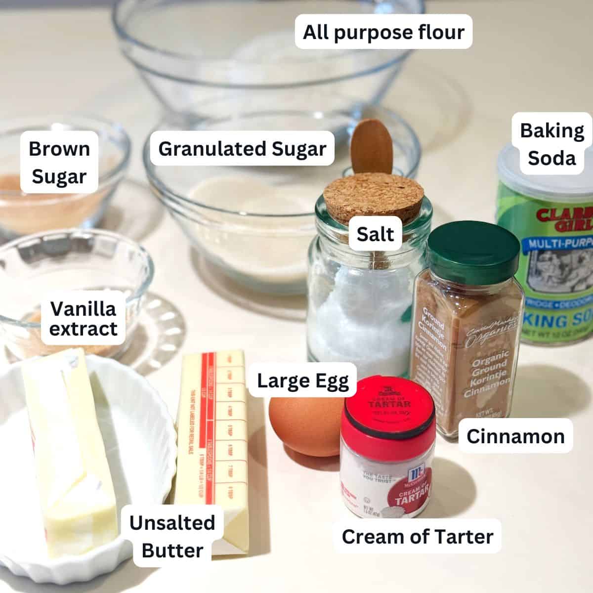 Ingredients for the brown butter snickerdoodle cookies on the counter.