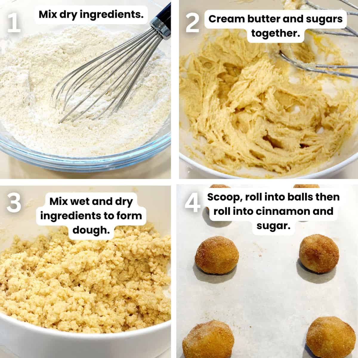 Preparing the brown butter snickerdoodle cookies from making the dough to rolling them.
