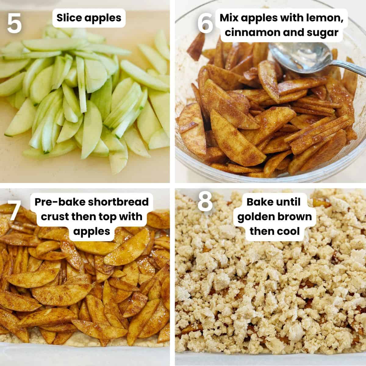 Preparing the shortbread bars from slicing the apples to assembling the bars in a baking dish.