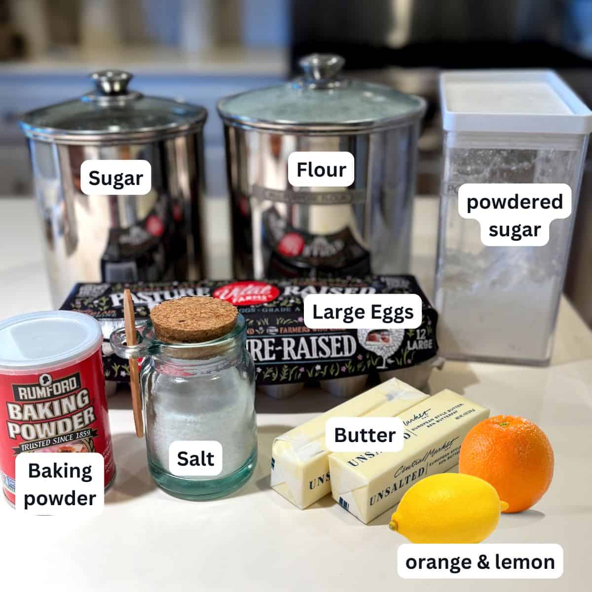 Ingredients for citrus snowball cookies.