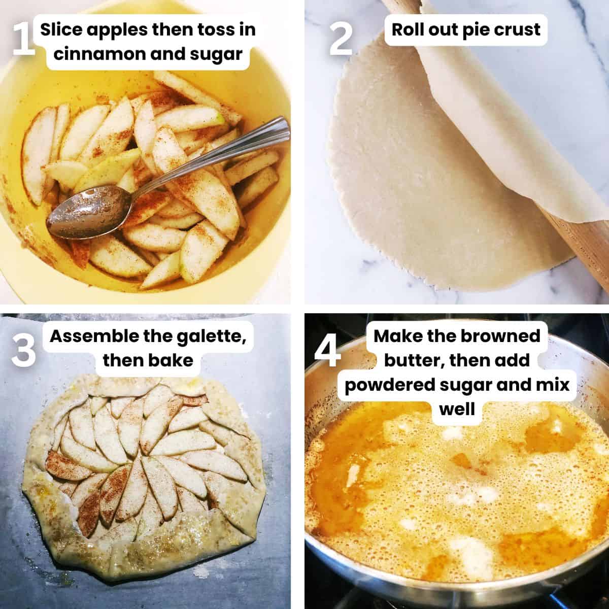 Preparing the apple galette with browned butter drizzle.