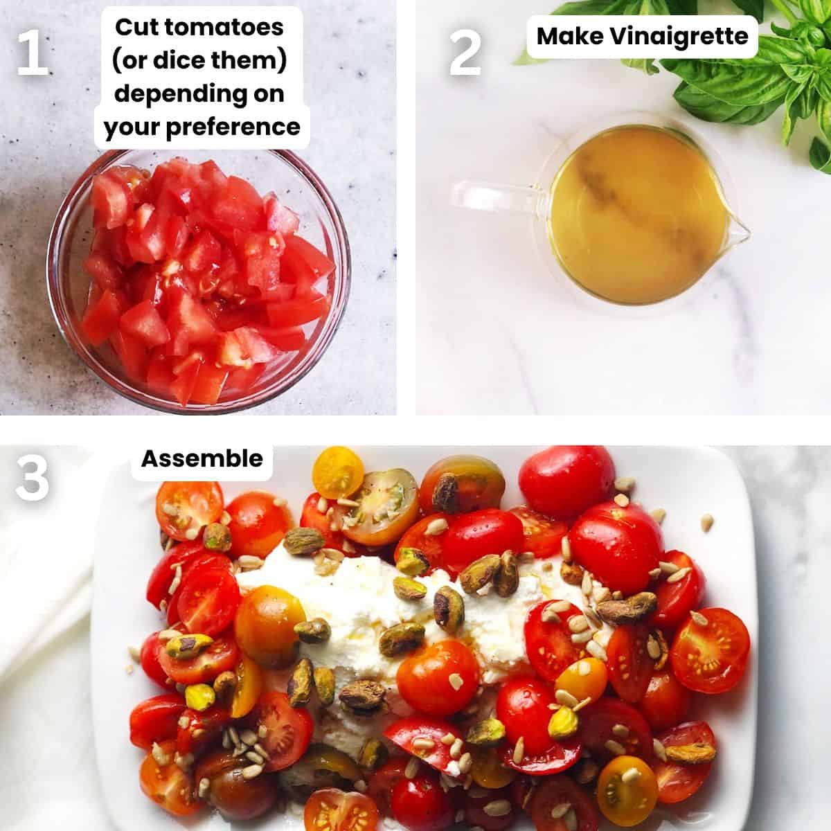 Preparing the tomato and ricotta salad.