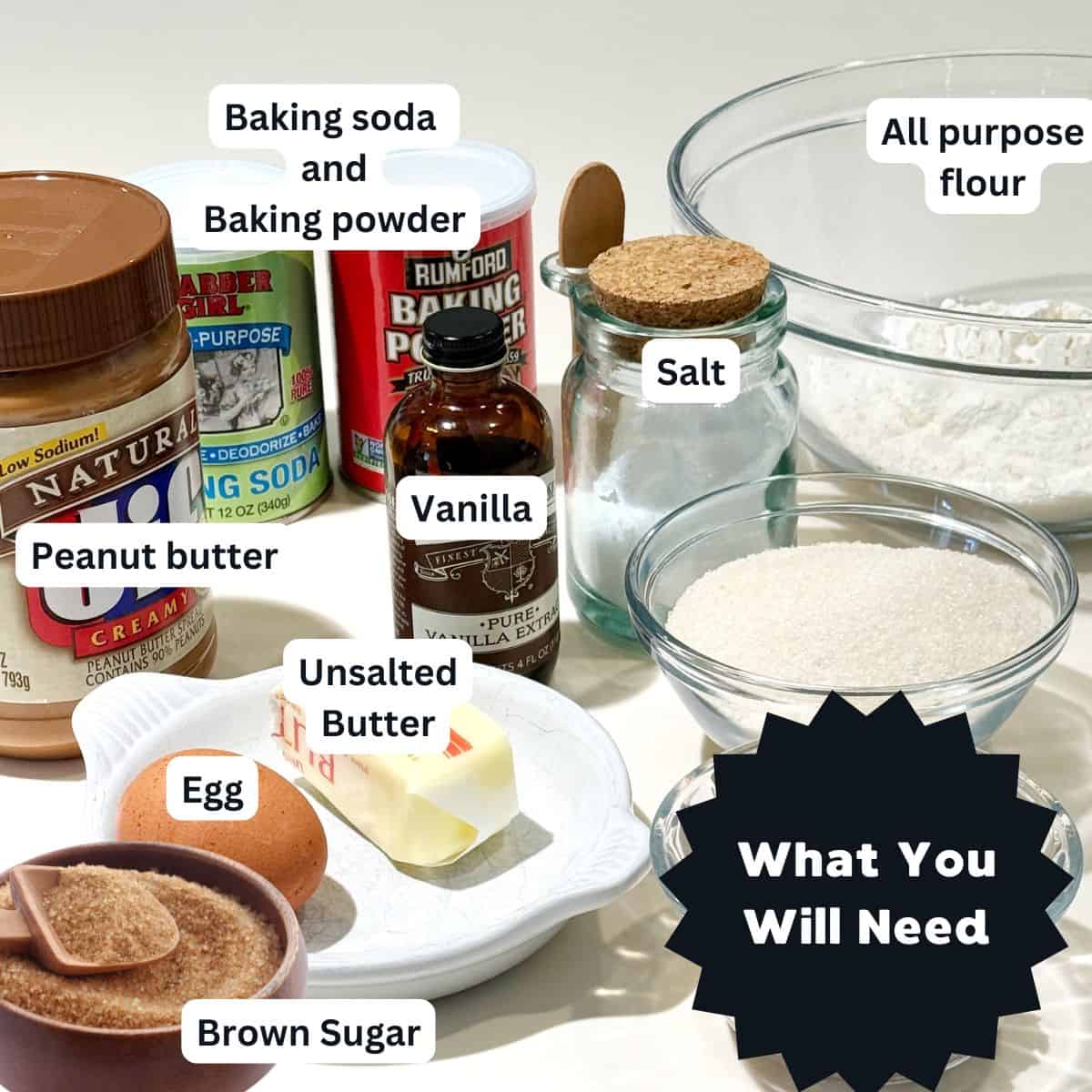 Ingredients for chewy peanut butter cookies.