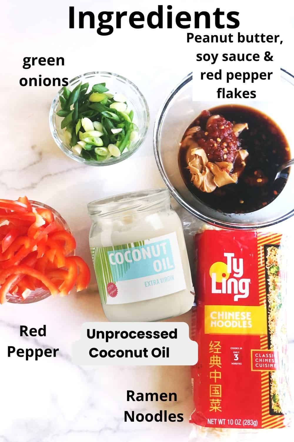 Spicy peanut butter ramen ingredients.