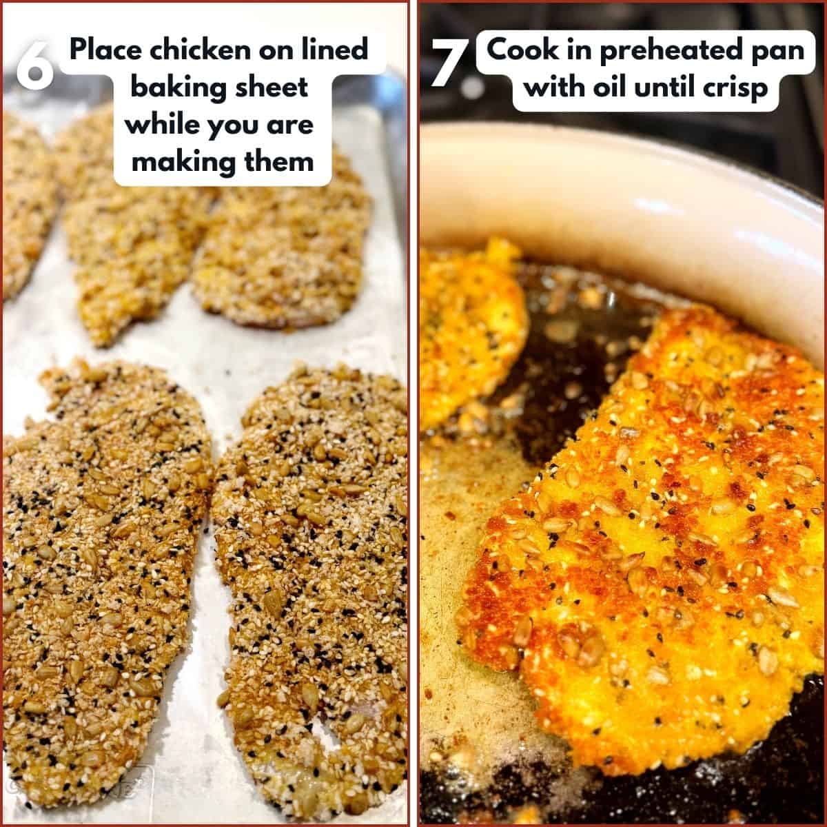 Cooking the seeded chicken schnitzel.