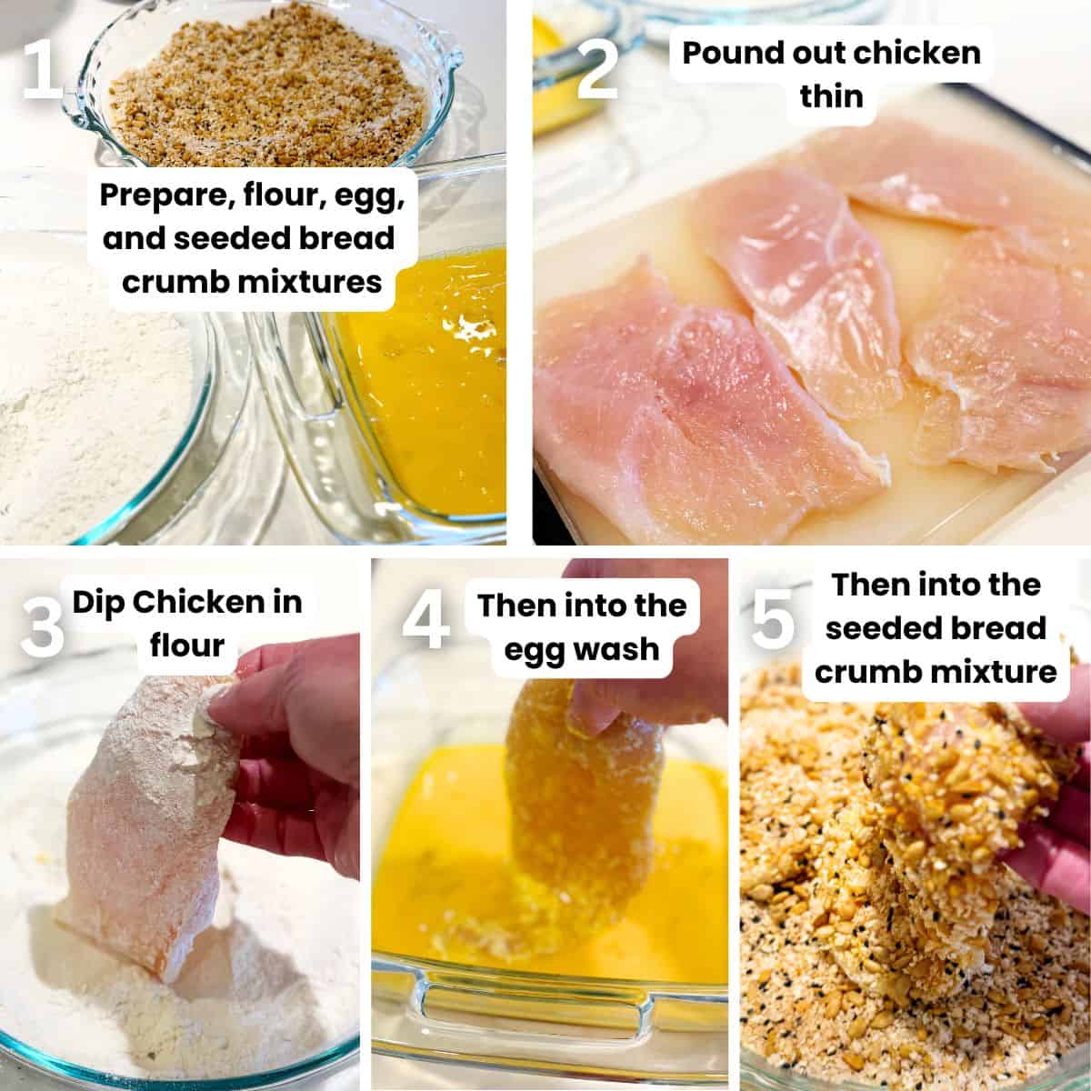 Preparing the seeded schnitzel from preparing the coating to dipping the chicken.