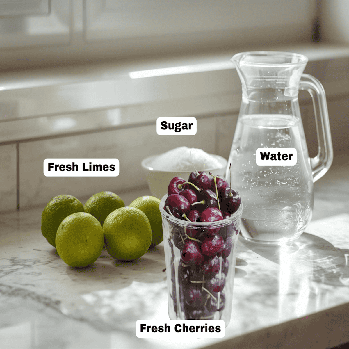 Ingredients for cherry limeade on the counter.